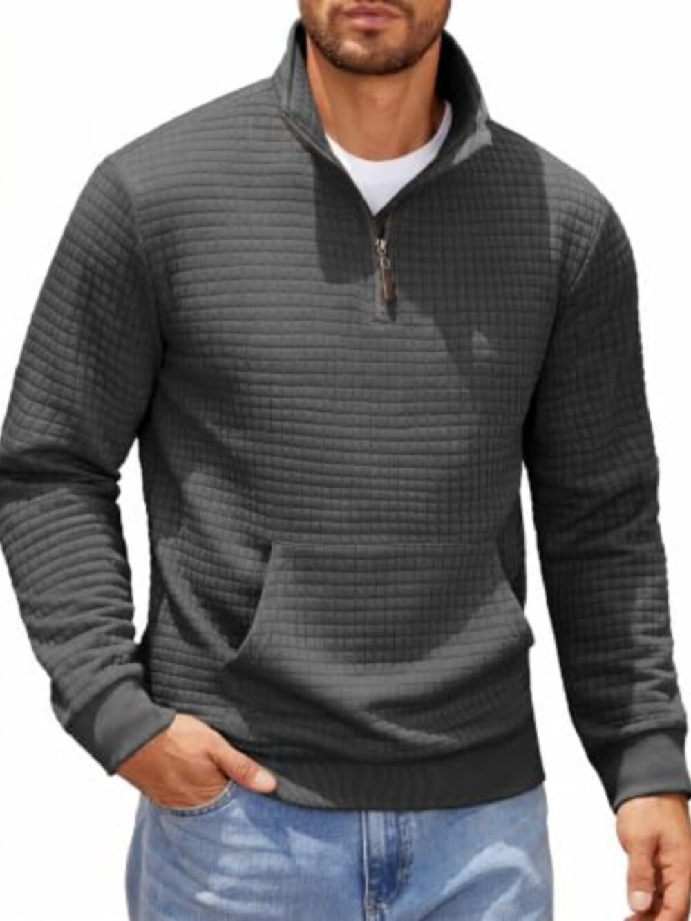 Men's Quarter Zip Sweatshirt Plaid Jacquard Pullover with Pocket